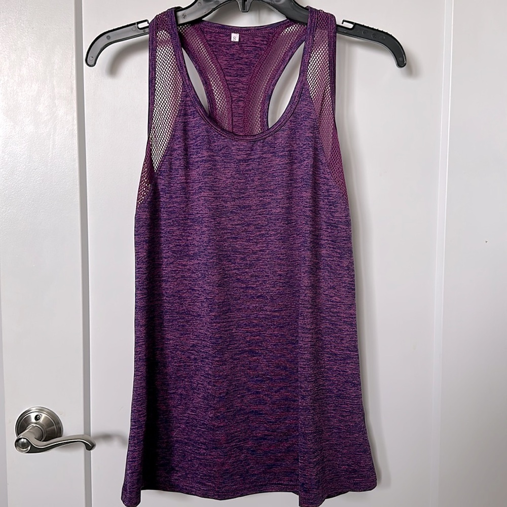 Purple Workout Tank Racerback Yoga Top Relaxed Fit Mesh Details